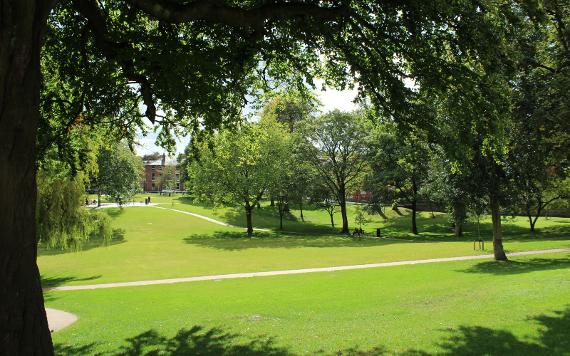 View of Winckley Square green space from steps.