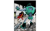 An image from a comic book of a superhero fighting a robot