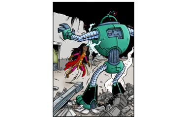 An image from a comic book of a superhero fighting a robot