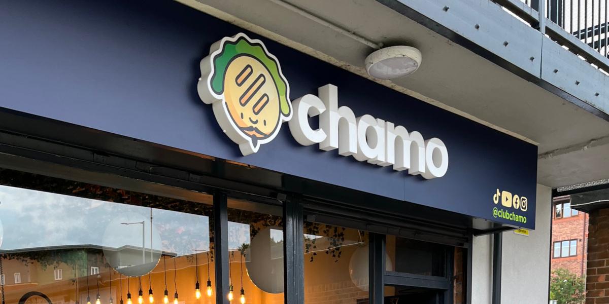 Sign frontage of Chamo Street Food in Preston