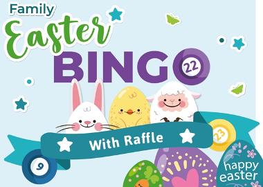 Flyer with words Family Easter Bingo with Raffle