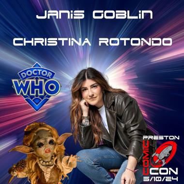 A promotional image for Preston Comic Con 2024 with the actress Christina Rotondo posing for a photo