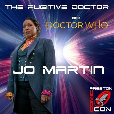 A promotional image for Preston Comic Con 2024 with the actress Jo Martin posing for a photo