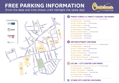 A map of the City Centre parking locations with free parking for specific dates