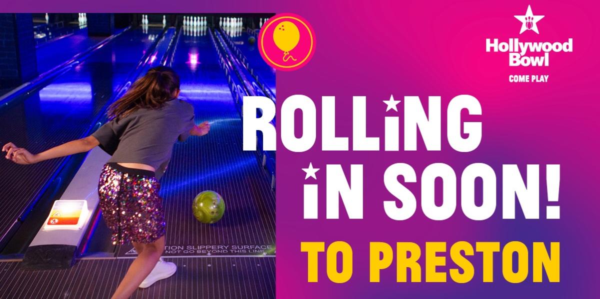 Girl bowling with text Rolling in Soon to Preston