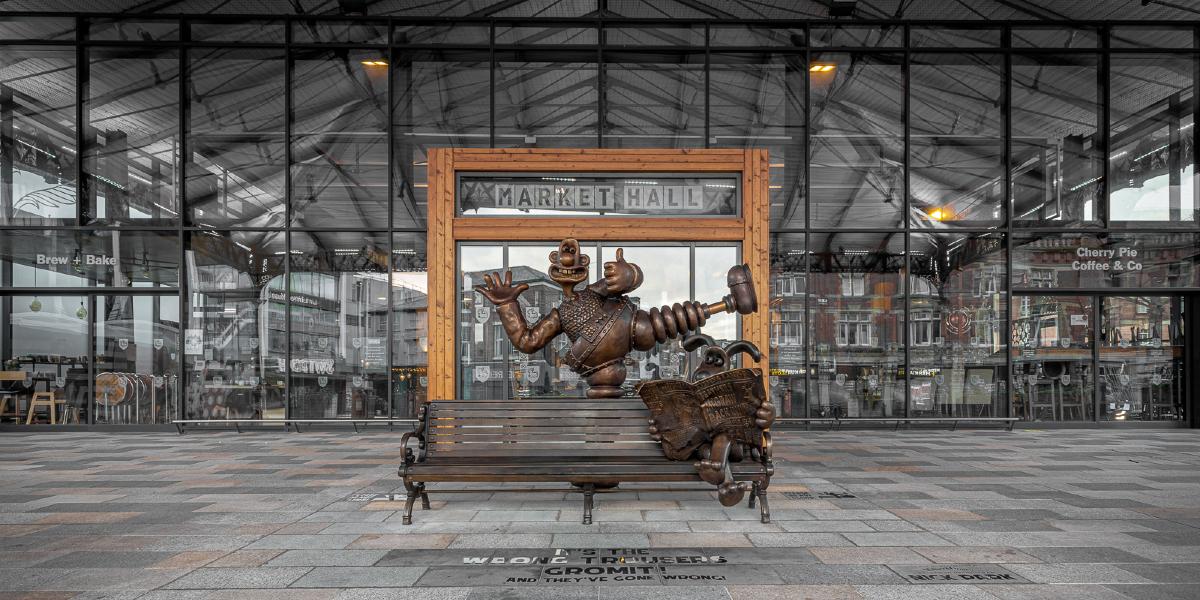 Main image: Entrance to Preston Market Hall Entrance to Preston Market Hall with Wallace and Gromit statue in front.