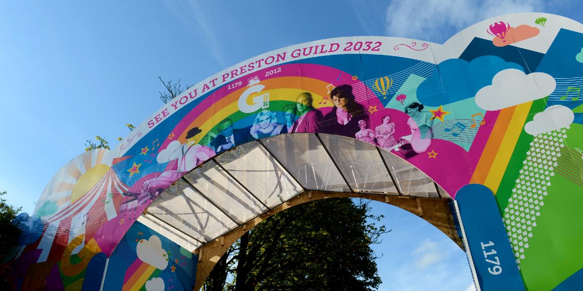Main image: Large banner at 2012 Preston Guild saying "see you at Preston Guild 2032". Large banner at 2012 Preston Guild saying "see you at Preston Guild 2032".