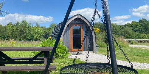 Page Icon: Camping pod at Bowland Wild Boar Park. Wooden camping pod, surrounded by grassy areas, at Bowland Wild Boar Park.