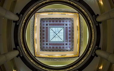 View looking up to the Harris' ceiling from the main hall.