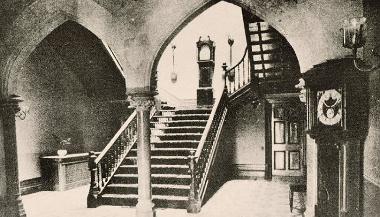 Vintage photograph of hall and staircase inside the old Ribbleton Hall.