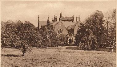 Old sepia Ribbleton Hall postcard showing the hall's exterior and grounds.