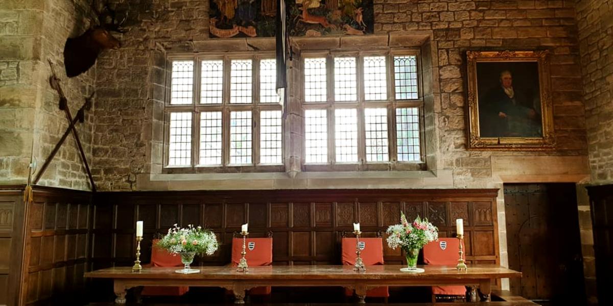 Top table inside Hoghton Tower hall.