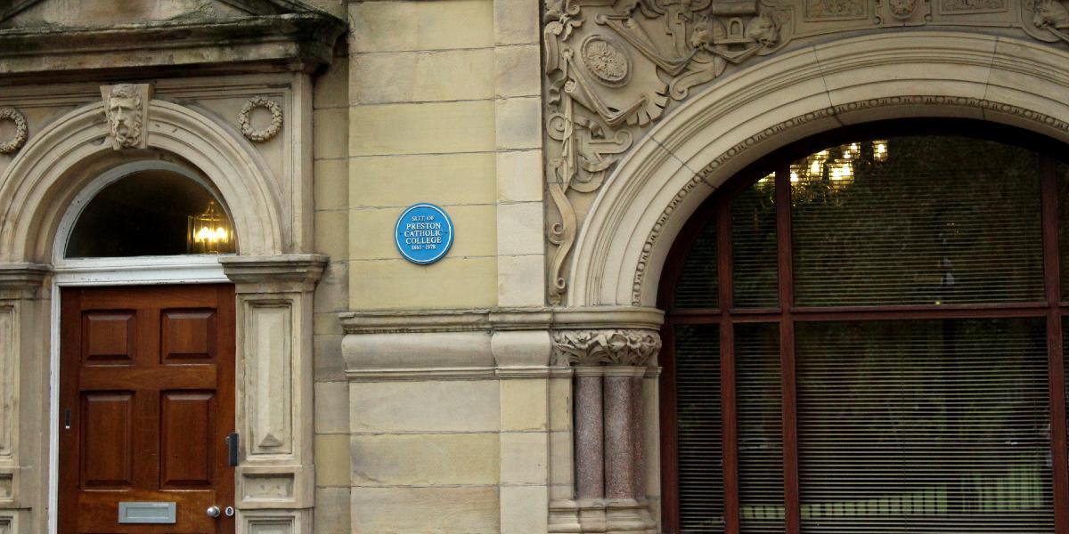 Main image: Blue plaque and doorway on old Preston Catholic College building. Blue plaque and doorway on old Preston Catholic College building.