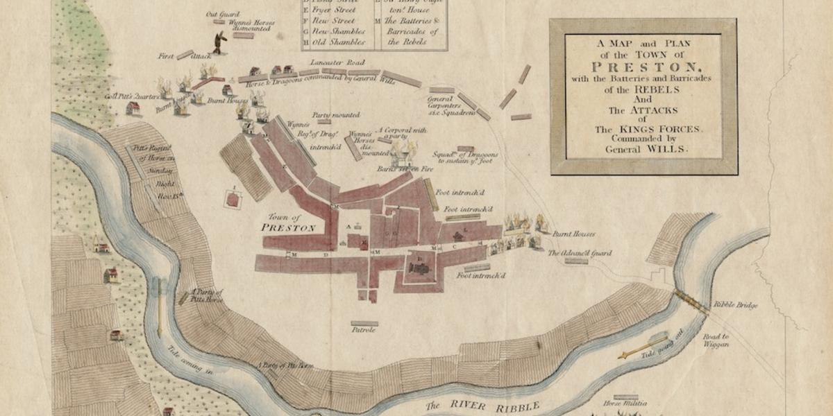 Main image: Old Battle of Preston 1715 map of battle area. Old Battle of Preston 1715 map of battle area.