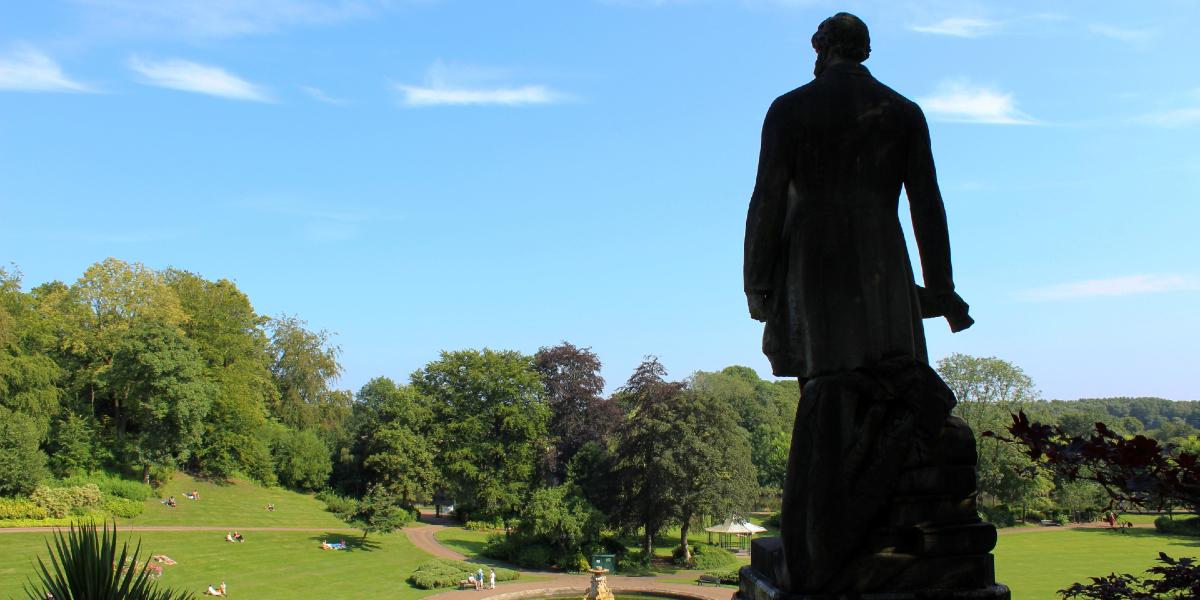 View of Miller Park from behind Earl of Derby statue.