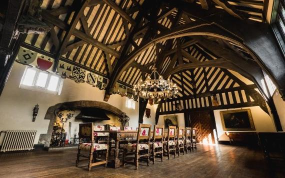 Long view of the Great Hall inside Samlesbury Hall, Preston. 