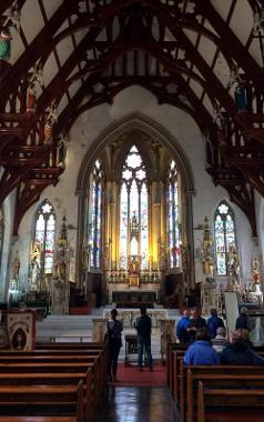 View of altar and beams inside St Walburge's Church.