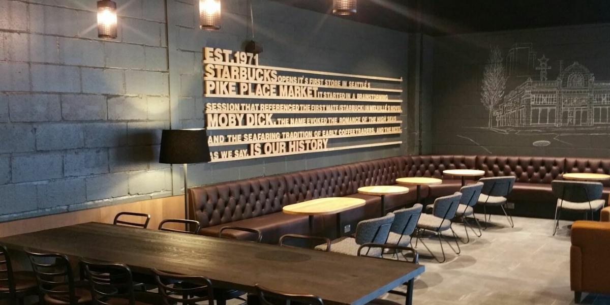 Main image: Industrial style seating and decor in Starbucks Fishergate upstairs seating area. Industrial style seating and decor in Starbucks Fishergate upstairs seating area.