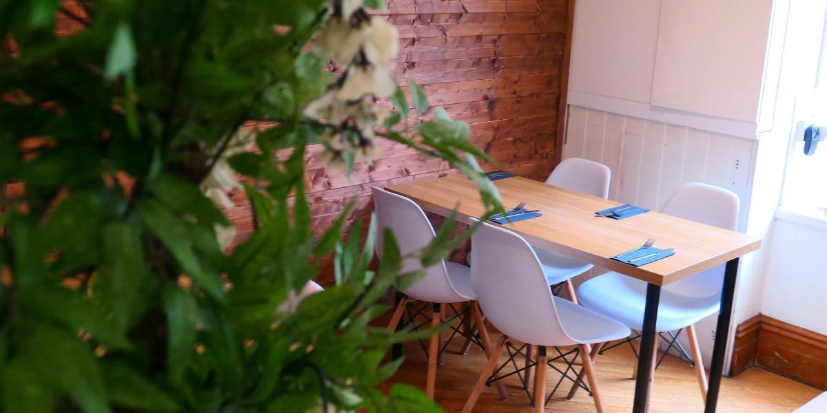 Kimji's downstairs dining area with plants and wooden walls.