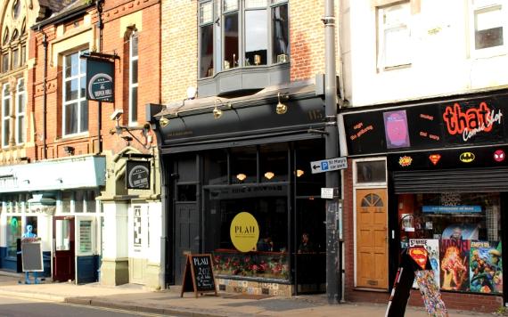 Outside PLAU Gin and Beer house along Friargate, Preston.