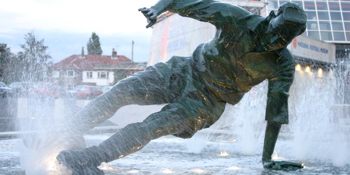 Sir Tom Finney statue water fountain at Preston Deepdale Stadium.