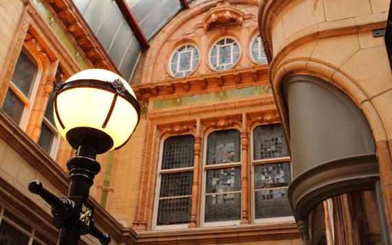 Lamp and detailing around ceiling of Miller Arcade.